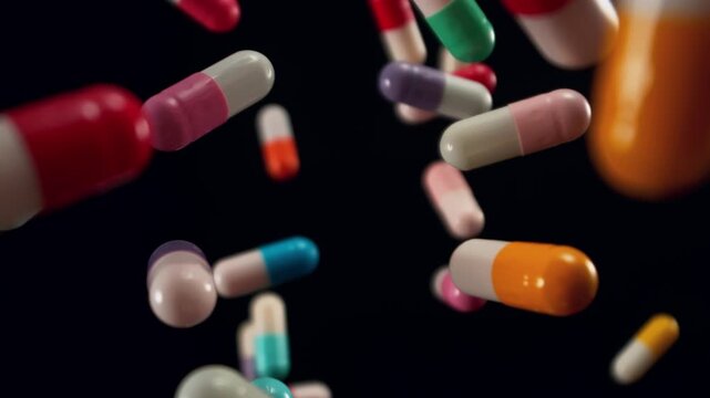 Super Slow Motion of Falling Colorful Pills on Black Background at 1000fps.
