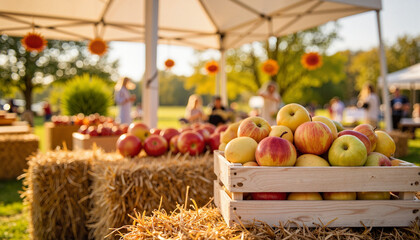 Wooden crate filled with ripe apples and pears on hay bale at harvest festival, *Wooden crate filled with ripe apples and pears sits atop a hay bale at an outdoor harvest festival
