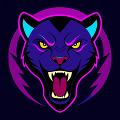Neon Panther Face with Glowing Fangs and Cyberpunk Violet-Crimson Aura