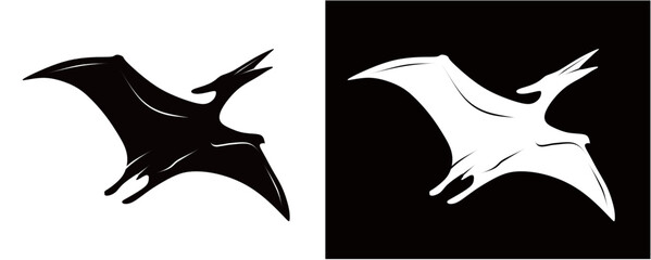 Silhouette of a pterosaur dinosaur isolated on a black and white background. Prehistoric animal concept