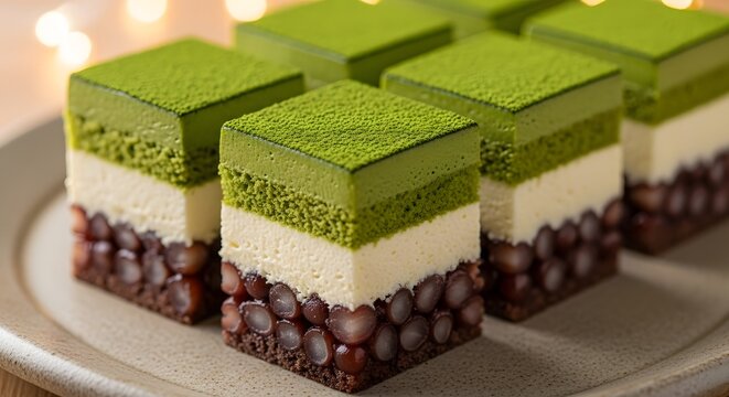 Elegant cube-shaped desserts with perfect green and cream layers, served with precision and style.