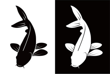 Silhouette of a koi fish isolated on a black and white background. Pet fish concept. Ornamental fish