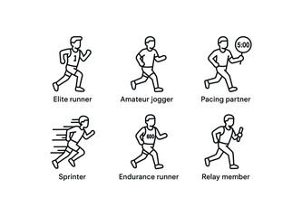simple outline stroke icon items marathon runner (types of runners): elite runner amateur jogger pacing partner sprinter endurance runner relay member monoline icons style isolated on white