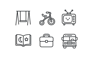 simple outline stroke icon items nostalgia (childhood): swing set tricycle TV bedtime story lunchbox school bus monoline icons style isolated on white background
