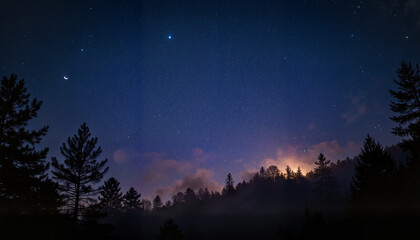 Night landscape featuring silhouetted trees under starry sky. Night landscape at dusk, a scenic view of forest treetops meeting twilight, enhanced with scattered stars.