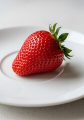 Single, vibrant strawberry on a white plate.