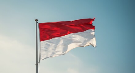 The national flag of Indonesia, Merah Putih, waving on a flagpole against a beautiful blue sky. A symbol of freedom and sovereignty.