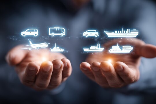 Hands displaying floating transportation icons representing vehicles, ships, and planes, with a digital theme
