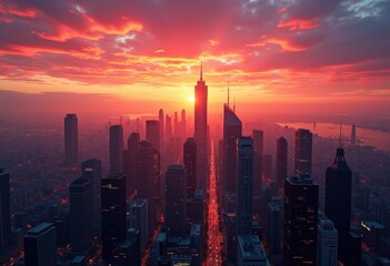 Naklejka premium vibrant city skyline sunset urban landscape radiant colors twinkling lights dusk atmosphere, buildings, architecture, reflection, bay, view, twilight