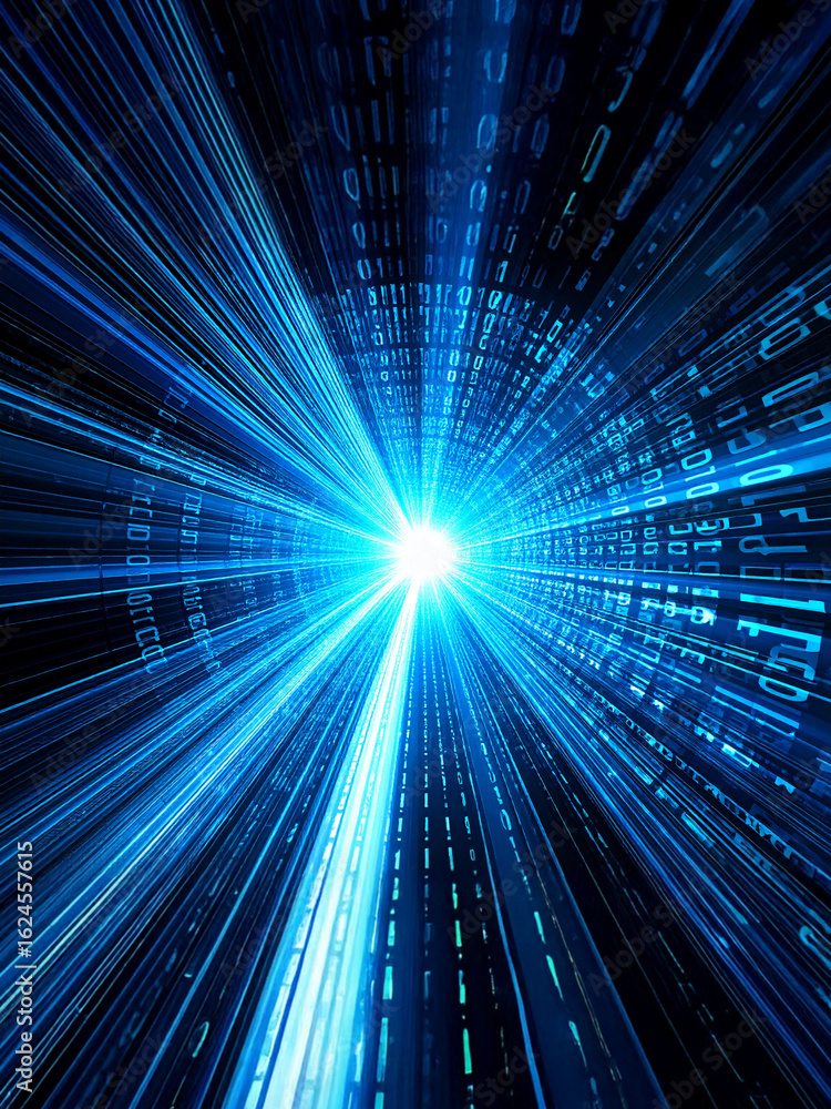 Poster dynamic abstract image featuring radiating blue light beams and binary code rushing towards a centra