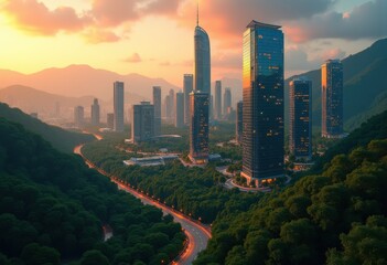 Obraz premium vibrant collision urbanization natural beauty captured stark contrast cityscape scenic nature landscape, skyline, trees, park, buildings, rivers, forest, meadow