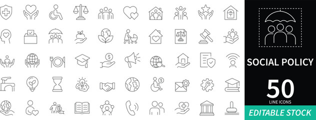 social policy icon set featuring flat symbols for community support, social, global, society, policy, support, public, welfare, equality, rights, governance, and social development concepts
