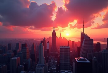 Fototapeta premium vibrant colorful city skyline silhouette breathtaking sunset striking hues drama, dusk, panel, urban, building, reflection, twilight, horizon, landmark