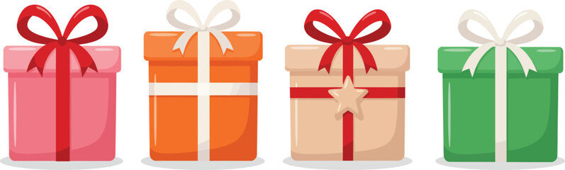 Four colorful gift boxes with ribbons and bows in a row isolated on transparent background