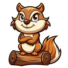 Fierce Chipmunk Mascot on Log with Folded Arms in Cartoon-Vector Hybrid Style