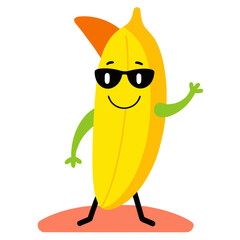 Peeled Banana Mascot with Sunglasses and Surfboard in Bright Retro Vector Style