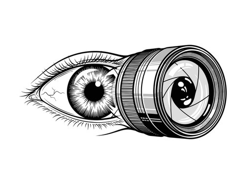 Illustration of eye viewed through camera lens for photography and vision concept
