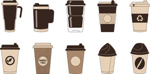 Variety of coffee cups and mugs reusable and disposable eco friendly