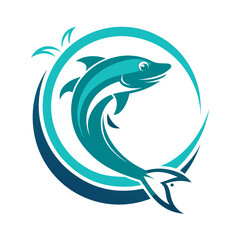 Leaping Teal Fish in Splashing Water Ring Badge with Sharp Vector Elements