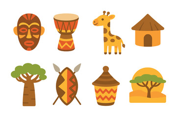 African Cultural Icons. Flat vector mini-illustrations cultural icons of Africa in colors children's