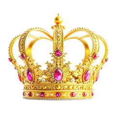 Ornate golden royal crown adorned with precious pink gemstones and intricate details isolated on transparent background