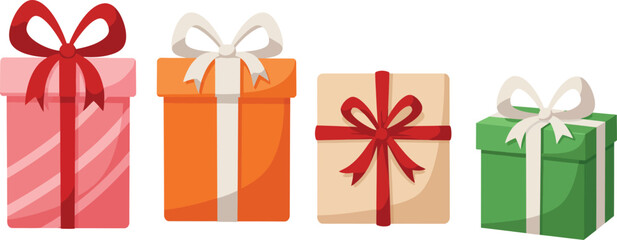 Four colorful gift boxes with ribbons and bows isolated on transparent background