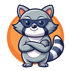 Sunglass-Wearing Raccoon Mascot Leaning on Arms in Clean Cartoon Vector Badge