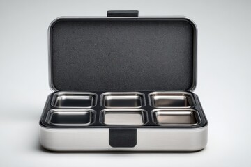 Stylish and functional lunch box with six stainless steel containers, ideal for meal prep and storage