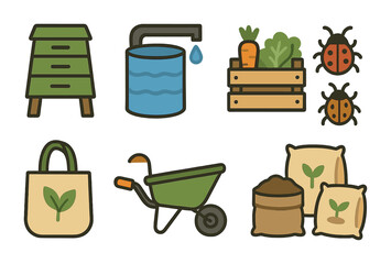 Sustainable City Farming Icons. Flat vector mini-illustrations Sustainable city farming in colors children's