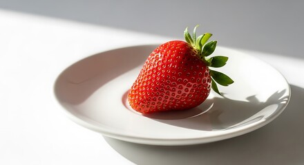 Single strawberry on a white plate.