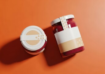 Two jars of fruit preserves with labels on an orange surface