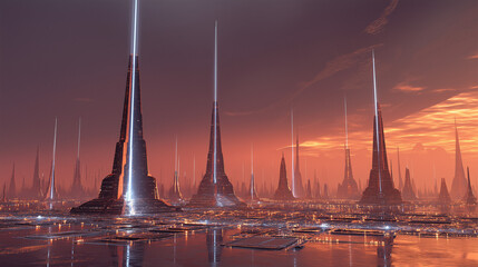 Base of space elevator on Mars with massive structures and glowing energy lines