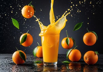 Orange juice splashing in a glass surrounded by oranges