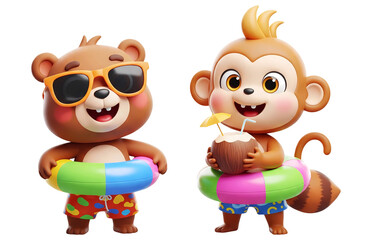 Naklejka premium 3D cute cartoon bear and monkey characters with swim rings isolated on transparent background, PNG file add