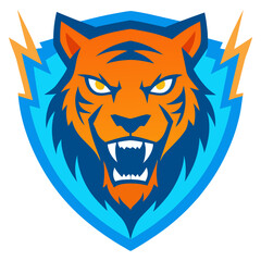 Roaring Orange Tiger in Clawed Shield with Electric-Blue Highlights in Vector Style