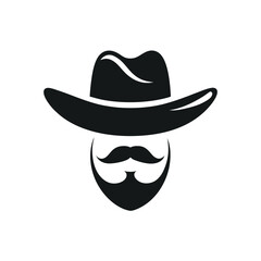 Stylized black silhouette of a cowboys head, featuring a widebrimmed hat, a prominent mustache, and a beard, isolated on a white background