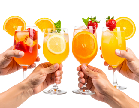 Set of orange and strawberry cocktails in men’s hands – refreshing summer drinks clos 