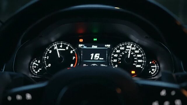 A cars dashboard displays a speedometer at 100mph a tachometer at 3000rpm  digital gauges for temp  fuel with red  green indicator lights on