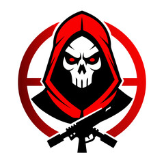 Glowing-Eyed Marksman Skull in Red Cloak with Sniper Scope Elements in Vector Design