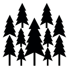 Group of 9 stylized geometric pine tree silhouettes isolated on white background