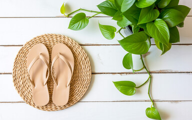 A top-down view of a pair of beige leather flip-flops placed on a circular woven straw placemat against a white wooden plank background