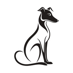 Stylized black silhouette of a sitting greyhound dog, isolated on white background, elegant and minimalist design representing canine grace and loyalty