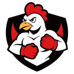 Boxing Chicken Mascot in Comic Shading Inside Black-and-Red Vector Badge for Fun Branding