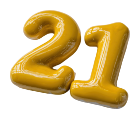 Celebrating 21st birthday party venue of bright yellow number festive isolated on transparent background