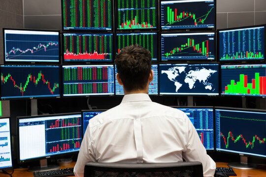 Rear View of a Trader Watching Stock Charts and Data on Multiple Monitors - Powered by Adobe