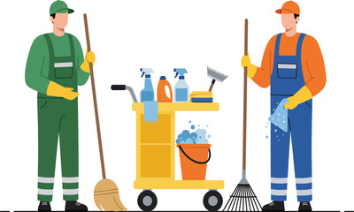 Two cartoon cleaners in uniform with cleaning cart and tools isolated on transparent background