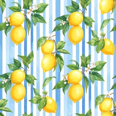 Vibrant watercolor lemons with leaves and blossoms on a charming blue striped background pattern