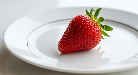 Single strawberry on a white plate.