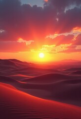 Fototapeta premium vibrant desert sunset silhouette dunes radiant colors sky natural beauty evening landscape, nature, horizon, cloud, terrain, sand, texture, lighting, moody