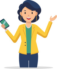 Flat female character in a yellow blazer, holding a smartphone confidently with one hand raised in a gesture of explanation. Clean white background, soft shadow.